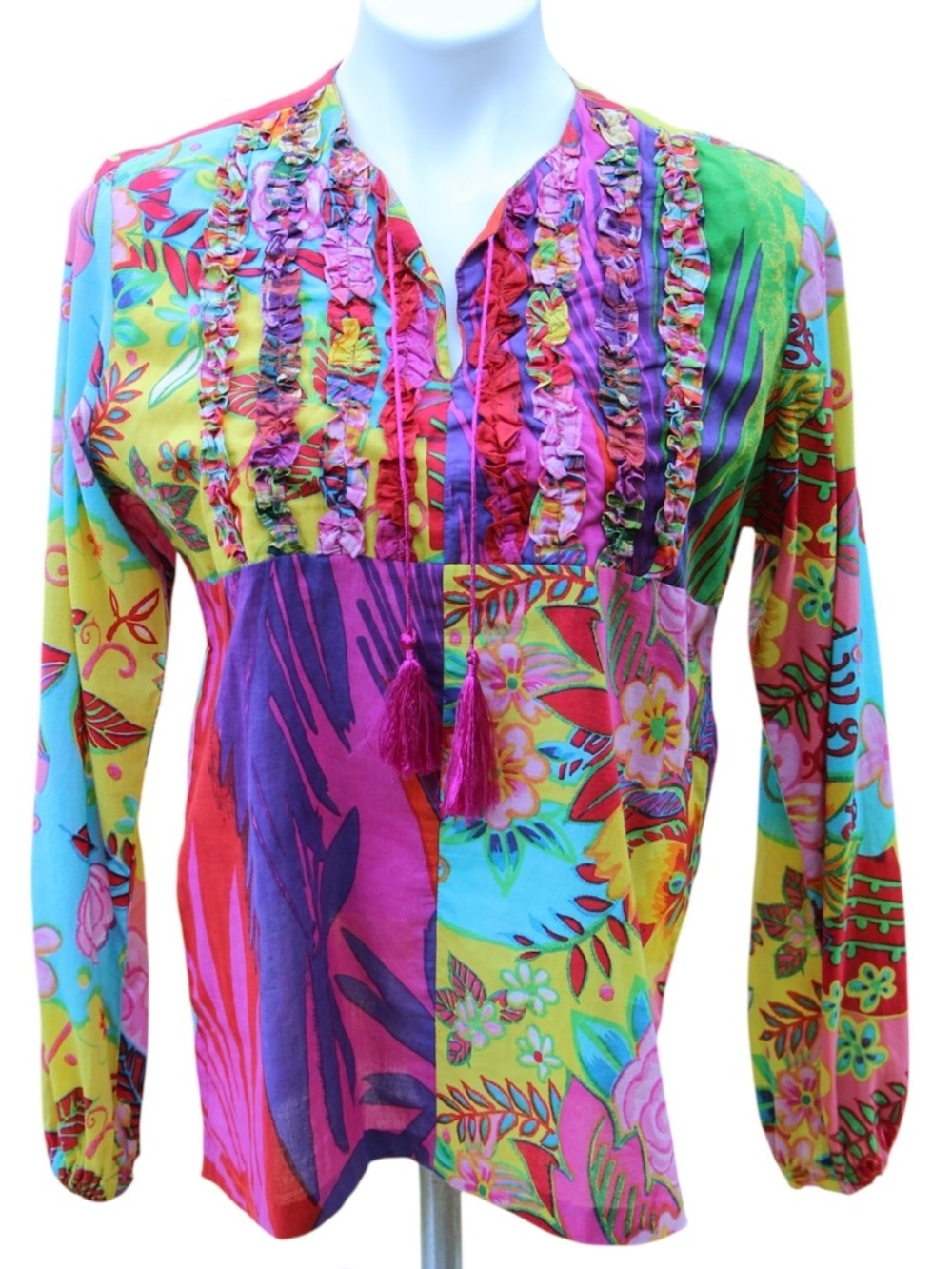 Sandy Starkman Tunic Top Artsy Boho Ruffle Front Size M Lightweight Cotton